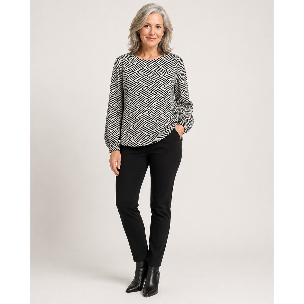 W5 Sweater Womens Large White Black Geometric Knit Cotton Polyester Zip Back